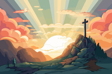 Transcendent Atmosphere: Cartoon Sky over Golgotha Hill Enveloped in Majestic Light and Clouds, Revealing the Holy Cross Symbol. AI Generated