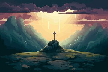 Naklejka na ściany i meble cartoon illustration of a sky over golgotha hill is shrouded in majestic light and clouds revealing the holy cross symbol. AI Generated