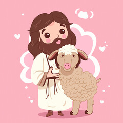 jesus is holding a sheep and is in a pink background. AI Generated