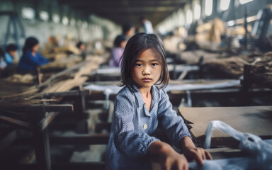Small Asian girl portrait with blurred textile factory background, Illegal child labour in sweatshop manufacturing concept, documentary style. Generative AI