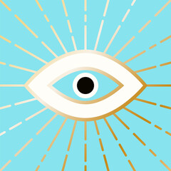 Evil eye occult symbol in gold, white and black on turquoise background, used to ward off variations of evil intentions. Can be used for T-shirt prints, home decor, covering, wrapping and decoration