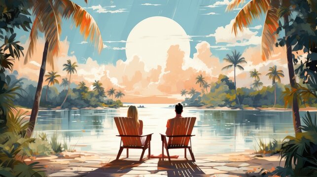 A Young Couple Sits On Sun Loungers, Facing Away, Beachside. (Illustration, Generative AI)