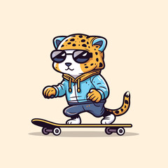 Naklejka premium cute cool cheetah riding skateboard summer sport vector illustration