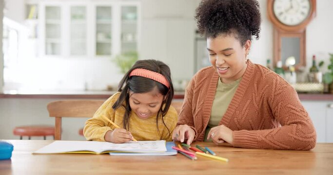 Smile, learning and mother with girl drawing in book for homeschool. Education, mom and happy child with art for homework, studying and helping, teaching care and development for bonding in house.