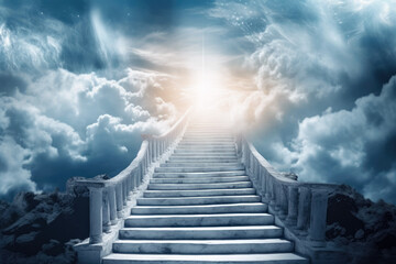 Stairway to heaven, stone staircase leading to orange yellow glow in distance, clouds around. Generative AI