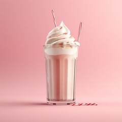 a drink with whipped cream and candy canes on a pink background