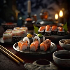 a table topped with plates of sushi and chopsticks