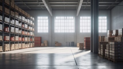 Large industrial warehouse. Tall racks are completely filled with boxes and containers. Many cardboard boxes on pallets in the sorting area. Global logistic concept. 3D illustration.
