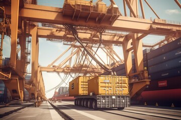 Container ship at the berth in cargo terminal of the port under loading. Port cranes load containers, a special vehicle delivers containers. International freight shipping concept. 3D illustration.
