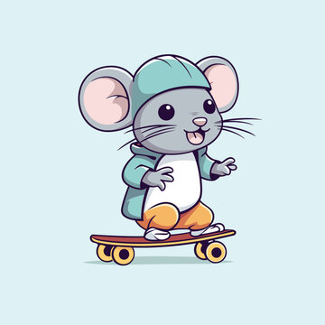 cute rat riding skateboard summer sport vector illustration