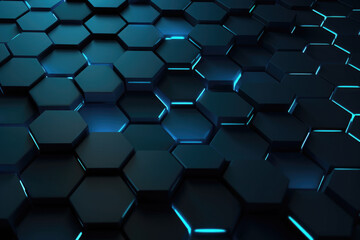 Dark hexagon abstract technology background with colored bright flashes. Generative AI