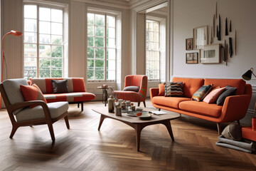 Fototapeta premium Timber frame chair. The sofa and chair style upholstery elements. Modern interior. Generative AI