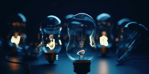 Light bulbs on dark blue background. AI Generated