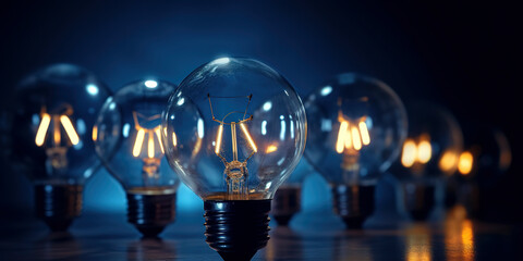 Light bulbs on dark blue background. AI Generated