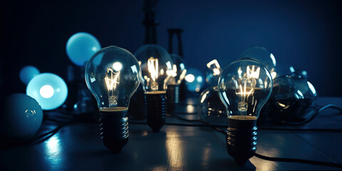 Light bulbs on dark blue background. AI Generated