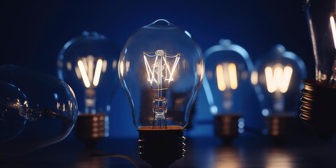 Light bulbs on dark blue background. AI Generated