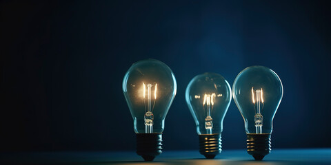 Light bulbs on dark blue background. AI Generated