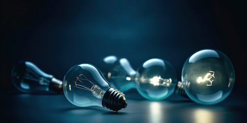 Light bulbs on dark blue background. AI Generated