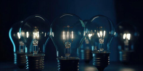 Fototapeta premium Light bulbs on dark blue background. AI Generated