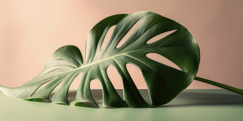 Vibrant monstera leaf featured on a soft-colored backdrop. AI Generated