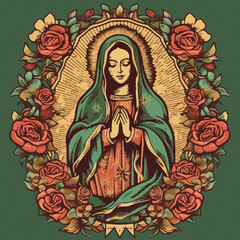 Fototapeta na wymiar Animated illustration of Virgin of Guadalupe. AI Generated
