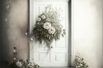 a white door with a bunch of flowers on it and a bunch of greenery on the side of the door and a bunch of white flowers on the side of the front door and side of the door.