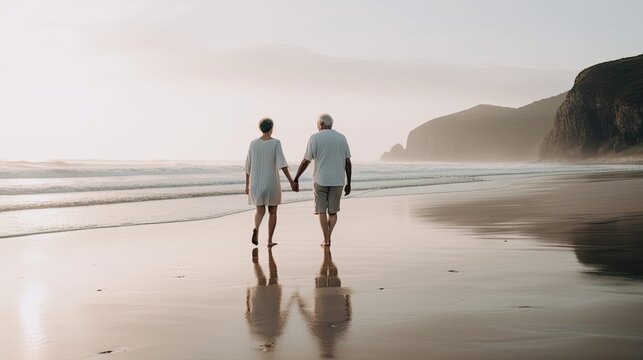 A beach scene with a couple walking hand in hand. Generative AI