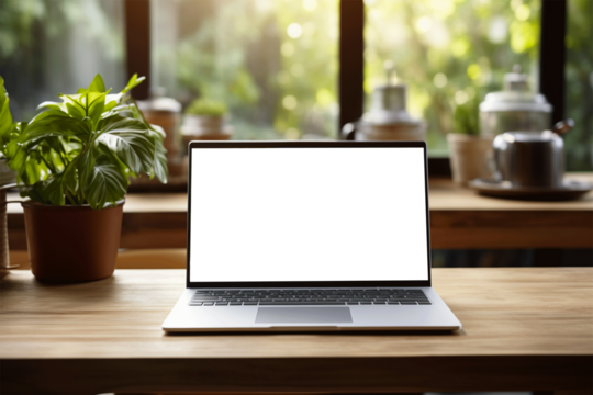 Laptop with blank screen on Wood table, screen isolate on transparent