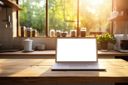 Laptop with blank screen on Wood table, screen isolate on transparent - Powered by Adobe