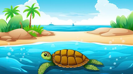 Fototapeta na wymiar A beach scene with a sea turtle swimming in the water. Generative AI