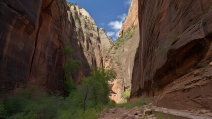 A canyon with steep rock walls. Generative AI
