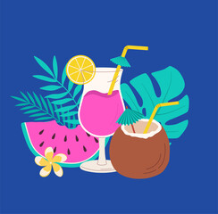 Coconut cocktail, juice glass and watermelon with tropical leaves vector illustration. Retro summer drink and fruits on blue background. Neon color.  Menu, banner, print for bar, cafe, online shop