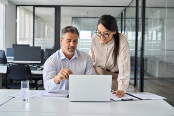 Two happy professional coworkers discussing online plan at work. Mid aged manager explaining Asian...