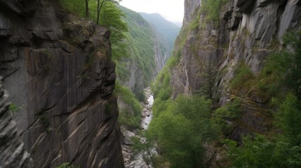 A gorge with steep rock walls. Generative AI