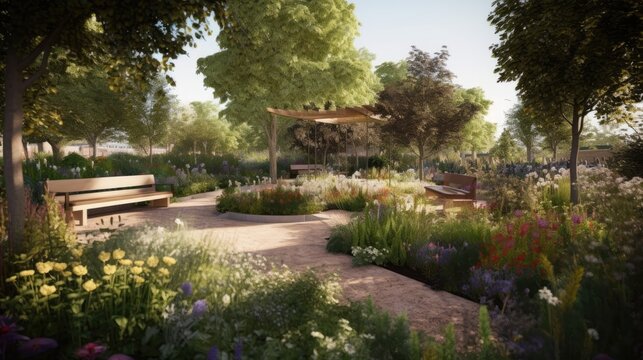 A garden with flowers trees and benches. Generative AI