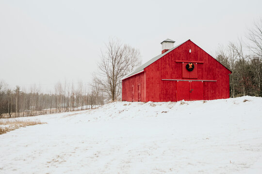 red barn in winter