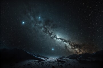 a night sky with stars and a mountain range in the foreground and a bright star in the middle of the night sky with a bright light shining on the mountain top of the horizon.