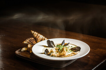 Hot mussels dish on a wooden table