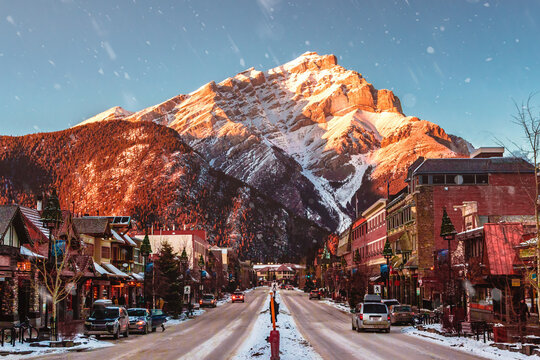 Banff avenue street view in winter during sunset
