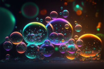 a group of soap bubbles floating on top of each other in a dark room with a black background and a black background with a few bubbles in the middle of the top of the bubbles.