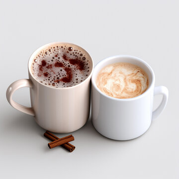 White mugs with hot chocolate, with and without chocolate powder