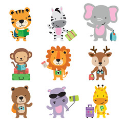 Vector illustration of cute wild animal tourists on vacation traveling with suitcases. The set includes a tiger, lion, elephant, zebra, monkey, deer, bear, hippo, and giraffe.
