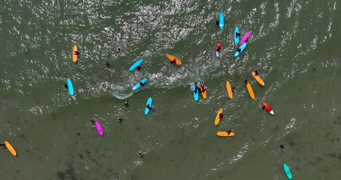 Top view of the beach with surfers practising their wave 4k