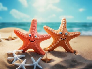 Two starfish kept on sand 3D illustration, summer vibes,AI Generative 