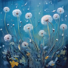 little whithe dandelions on blue background. Poster. Generative ai.