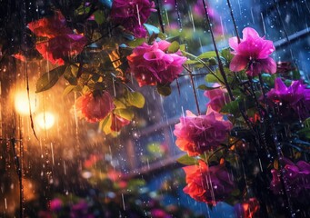 A canopy of vibrant flowers blooming under the rain. Poster. Generative ai.