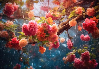 Fototapeta na wymiar A canopy of vibrant flowers blooming under the rain. Poster. Generative ai.