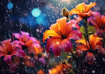 Obraz na płótnie Canvas A canopy of vibrant flowers blooming under the rain. Poster. Generative ai.