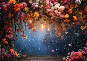 Naklejka na ściany i meble A canopy of vibrant flowers blooming under the rain. Poster. Generative ai.