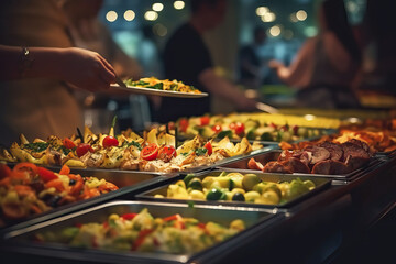 A buffet line of food being served at a restaurant